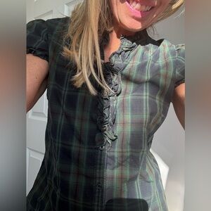 GAP Dark Green Plaid Ruffle Blouse